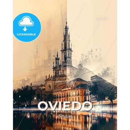 Oviedo: Skyline Panorama Poster in Local Hues - A city with a building and trees - Square format print template