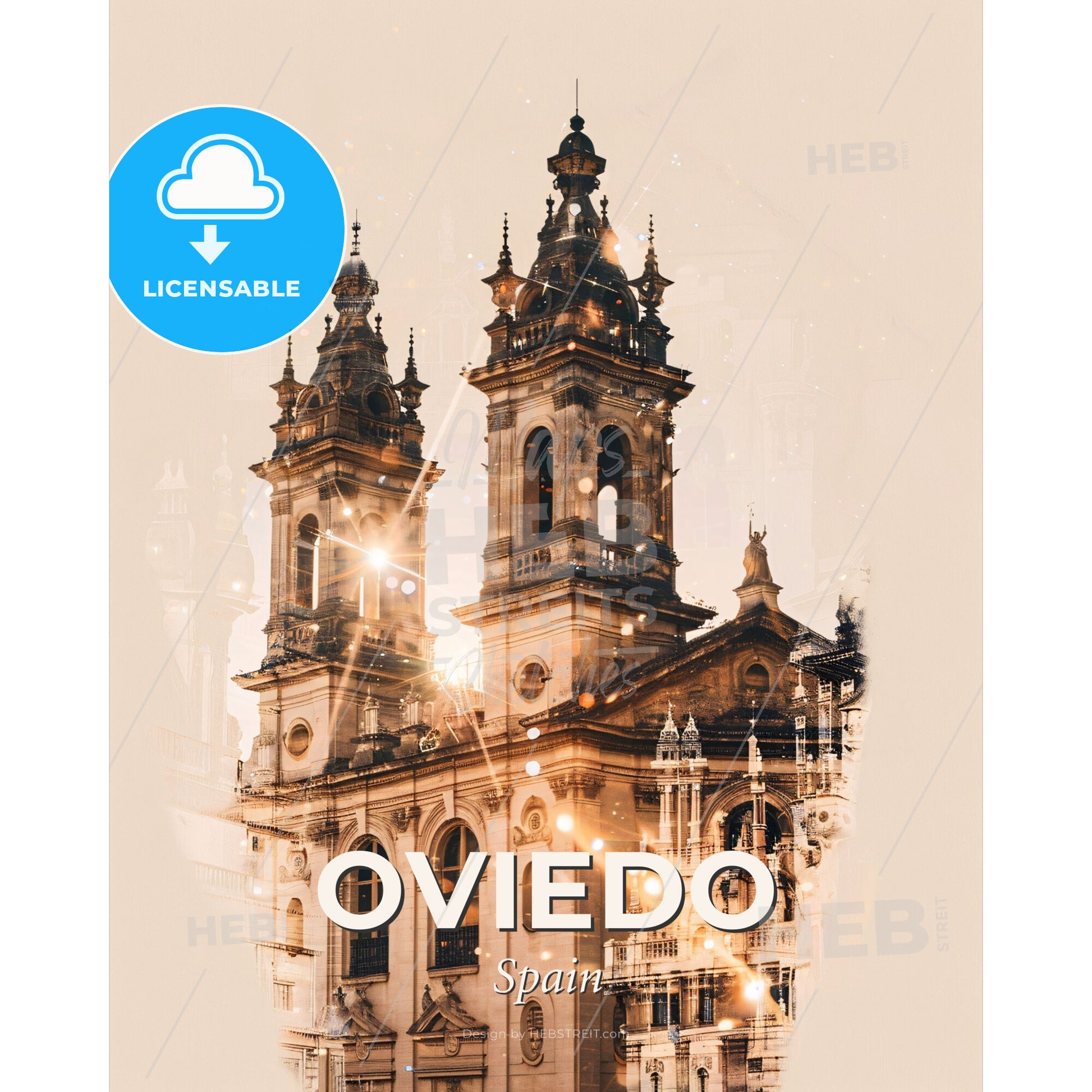 Oviedo: City Icons on the Lights - A building with towers and a light in the background - Square format print template