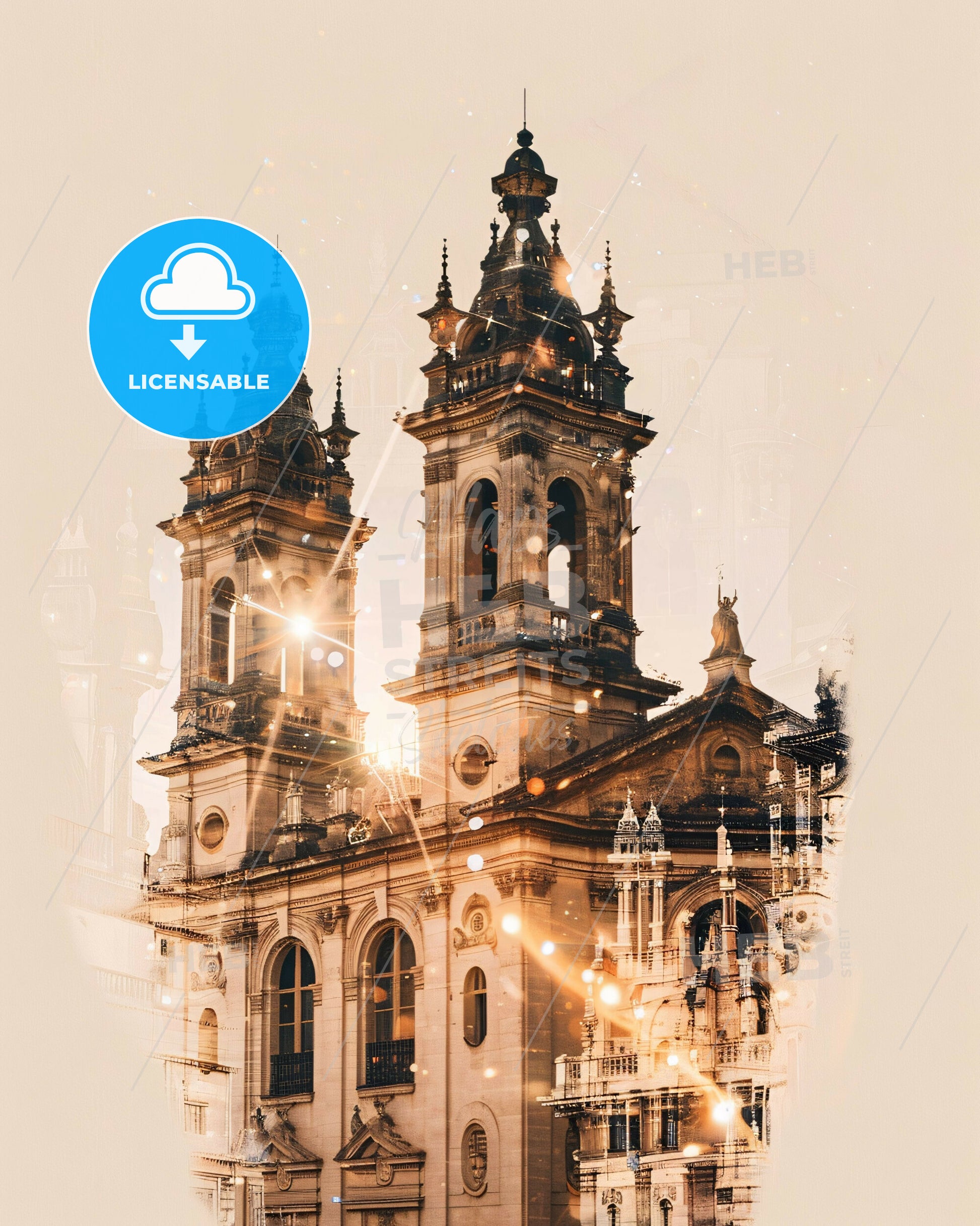 Oviedo: City Icons on the Lights - A building with towers and a light in the background