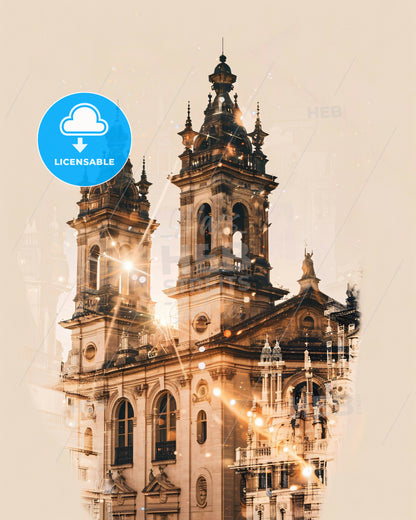 Oviedo: City Icons on the Lights - A building with towers and a light in the background