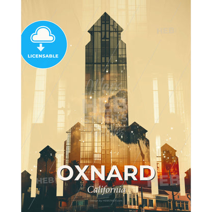 Oxnard Skyline Composite Art, Bright Beige - A tall building with a reflection of a sunset - Square format print template