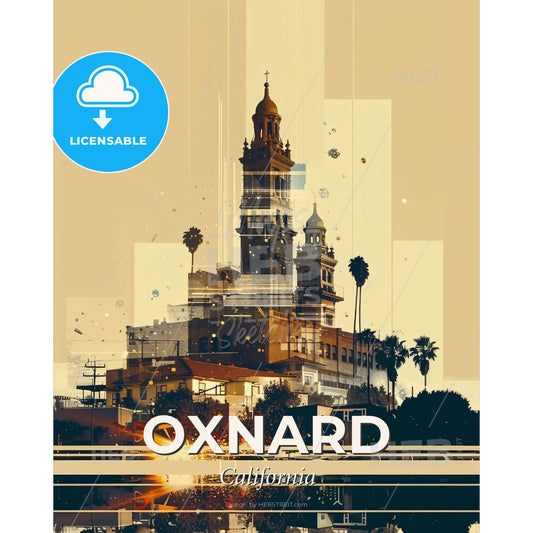Oxnard City Architecture Skyline Poster - A building with a tower and palm trees - Square format print template