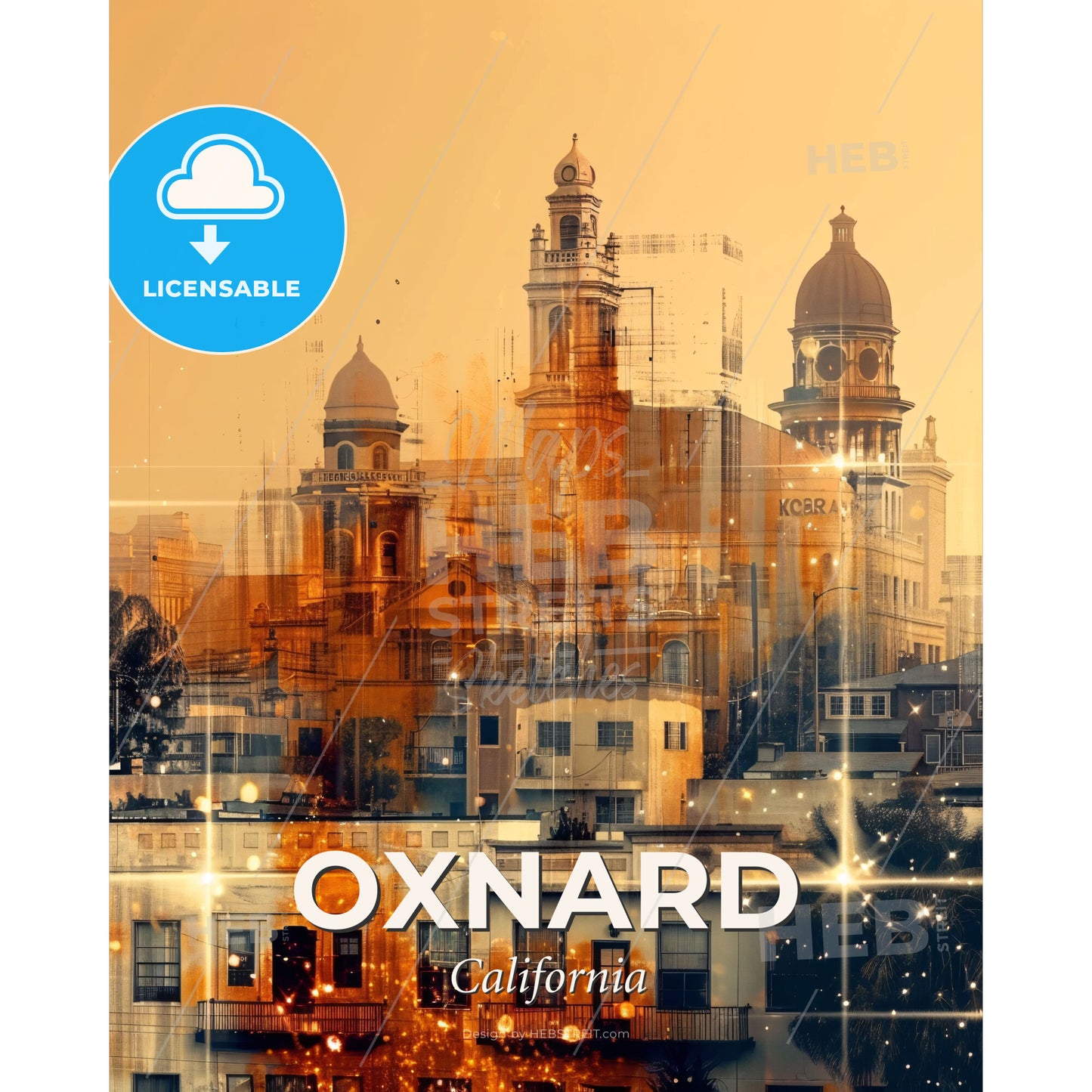 Oxnard City Skyline Double Exposure Poster Art - A city with many buildings - Square format print template