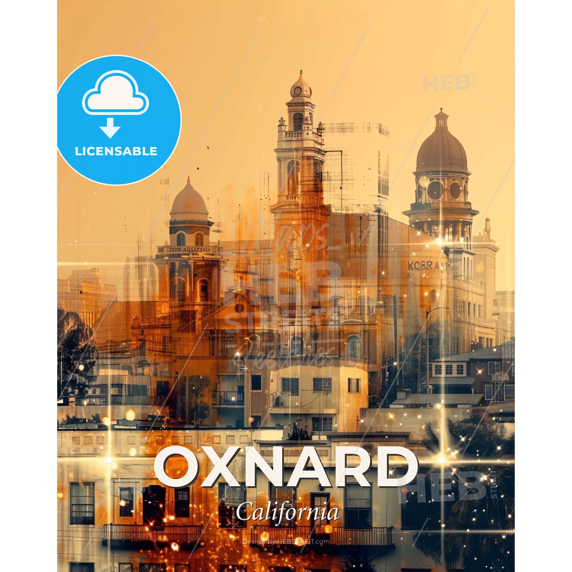 Oxnard City Skyline Double Exposure Poster Art - A city with many buildings - Square format print template