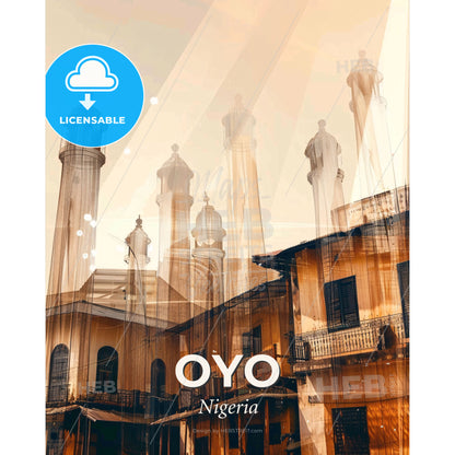 Oyo, Nigeria: Vibrant Skyline Art - A building with towers and a balcony - Square format print template