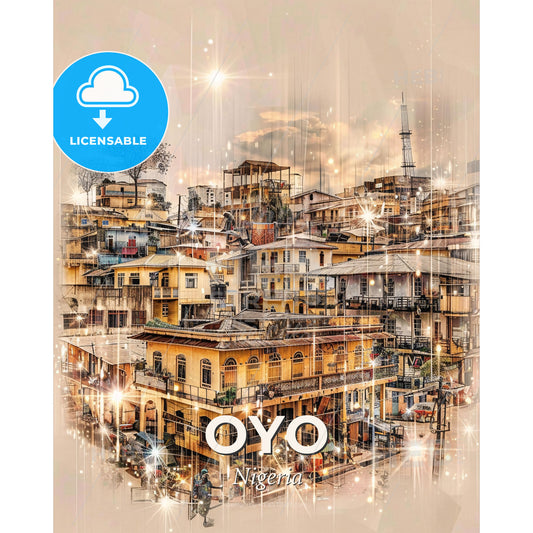 Oyo, Nigeria: A City's Soul in Double Exposure - A city with many buildings - Square format print template