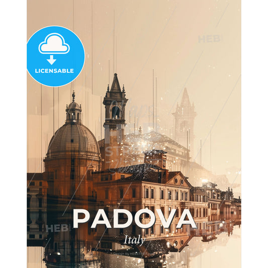 Padua Skyline Iconic Architecture Beige Poster - A city with many buildings and a body of water - Square format print template