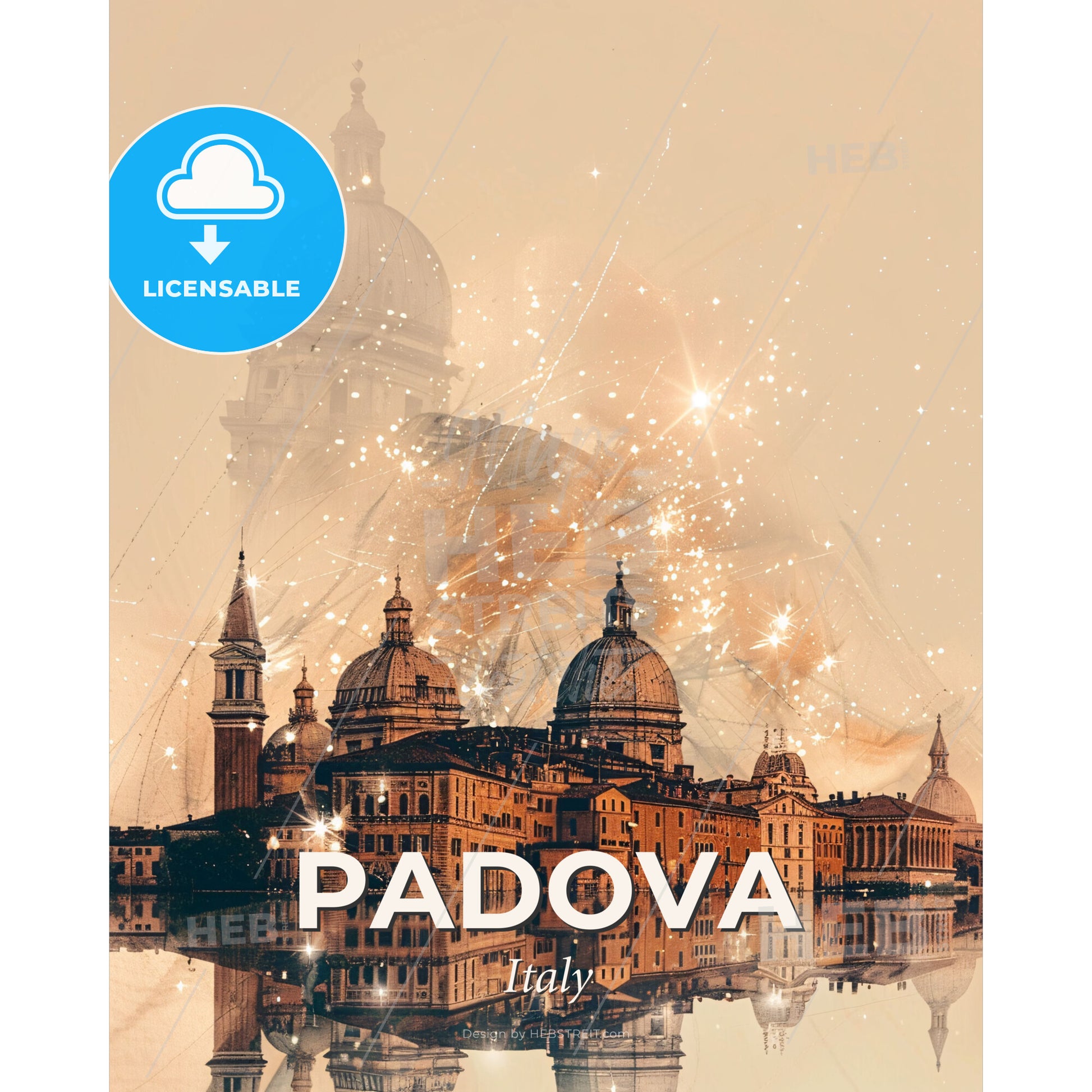 Padua Skyline Artistic Cityscape Poster Design - A city with a reflection of fireworks - Square format print template