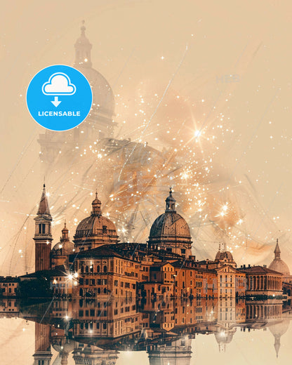 Padua Skyline Artistic Cityscape Poster Design - A city with a reflection of fireworks