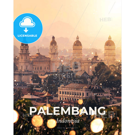Palembang Skyline Composite Art Bright Beige Paper - A city with many buildings - Square format print template