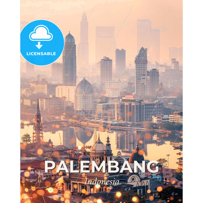 Palembang Skyline Double Exposure Poster Art - A city with a river and buildings - Square format print template