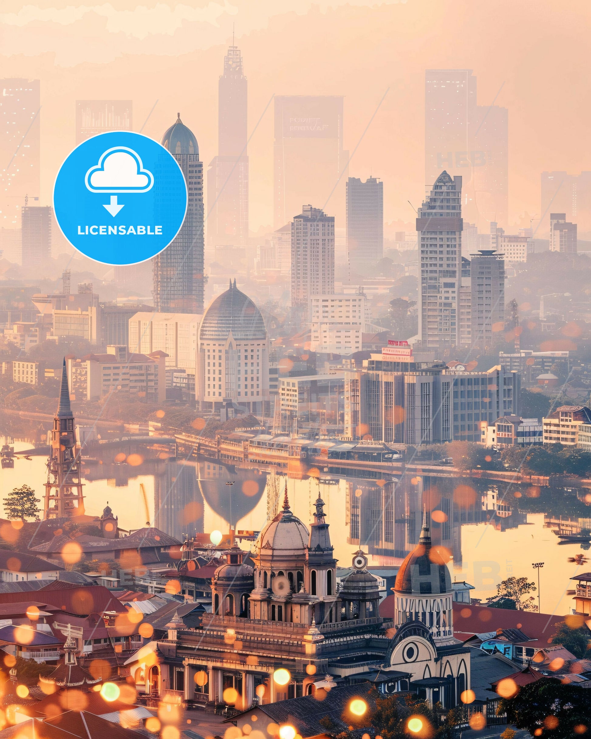 Palembang Skyline Double Exposure Poster Art - A city with a river and buildings