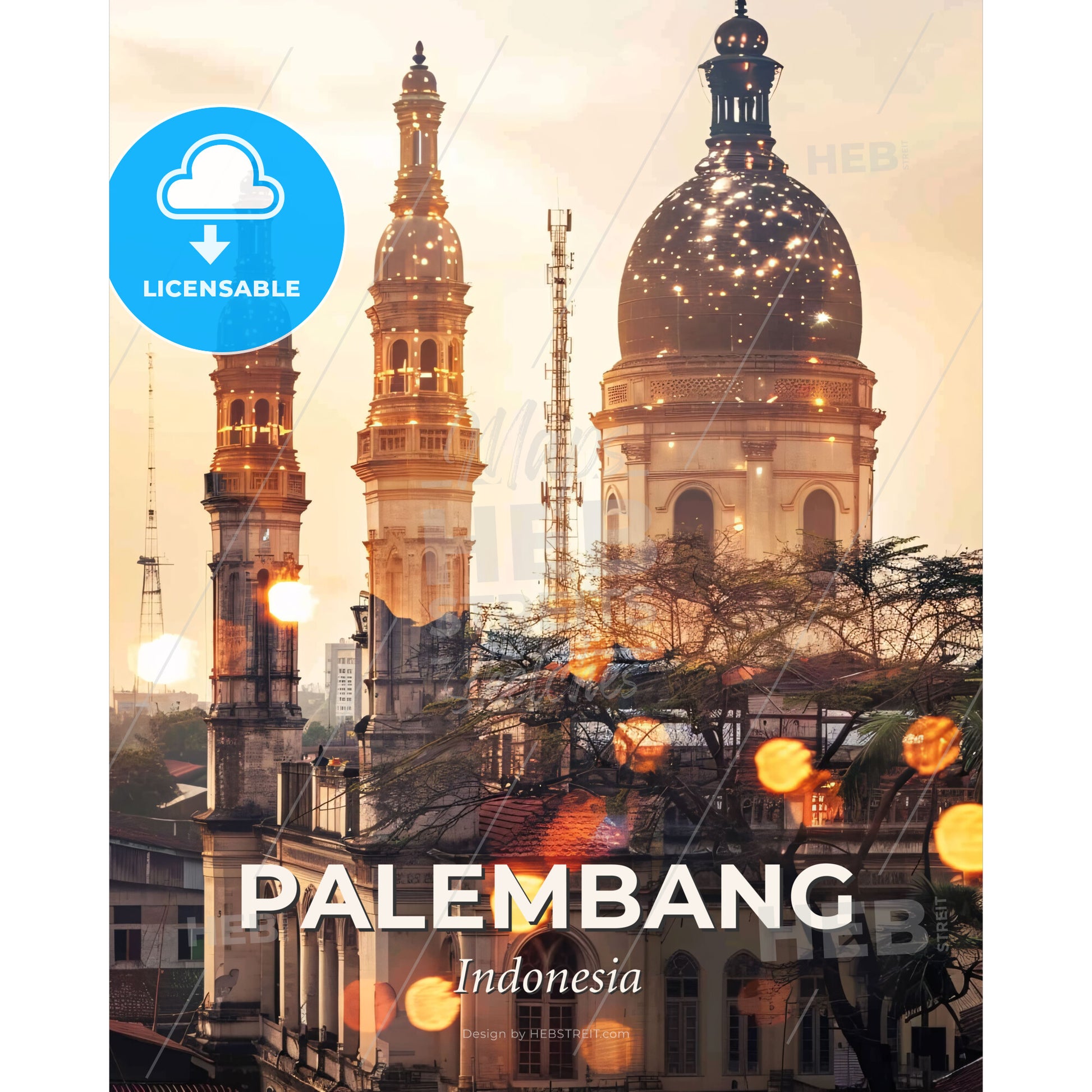 Palembang Skyline Double Exposure Art Poster - A building with towers and a dome - Square format print template