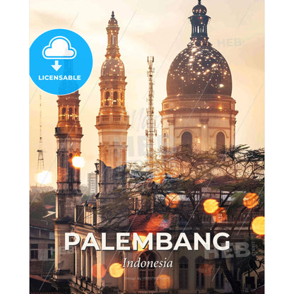 Palembang Skyline Double Exposure Art Poster - A building with towers and a dome - Square format print template