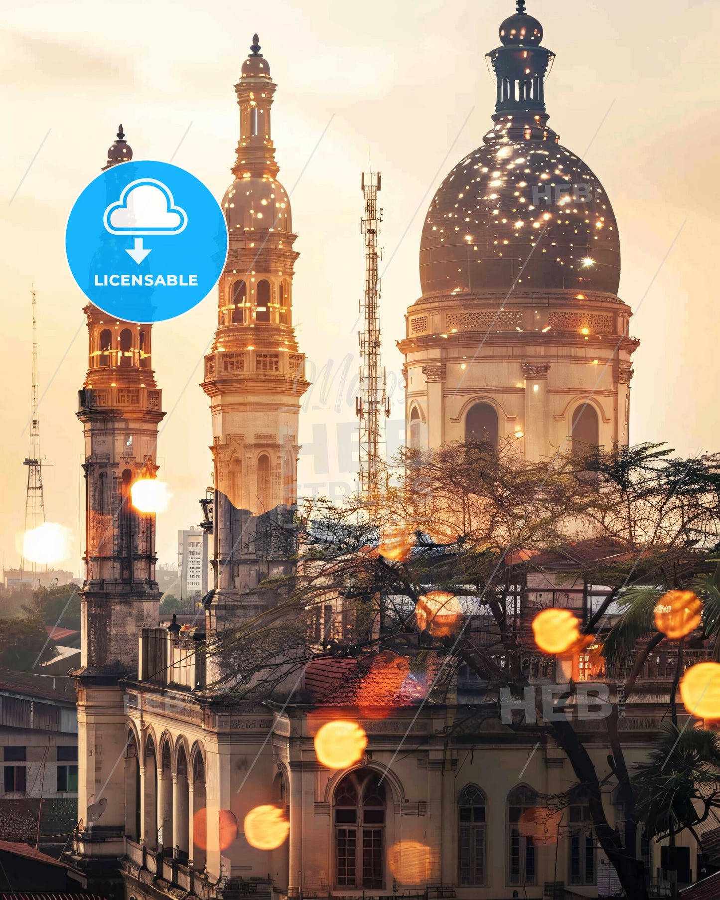 Palembang Skyline Double Exposure Art Poster - A building with towers and a dome