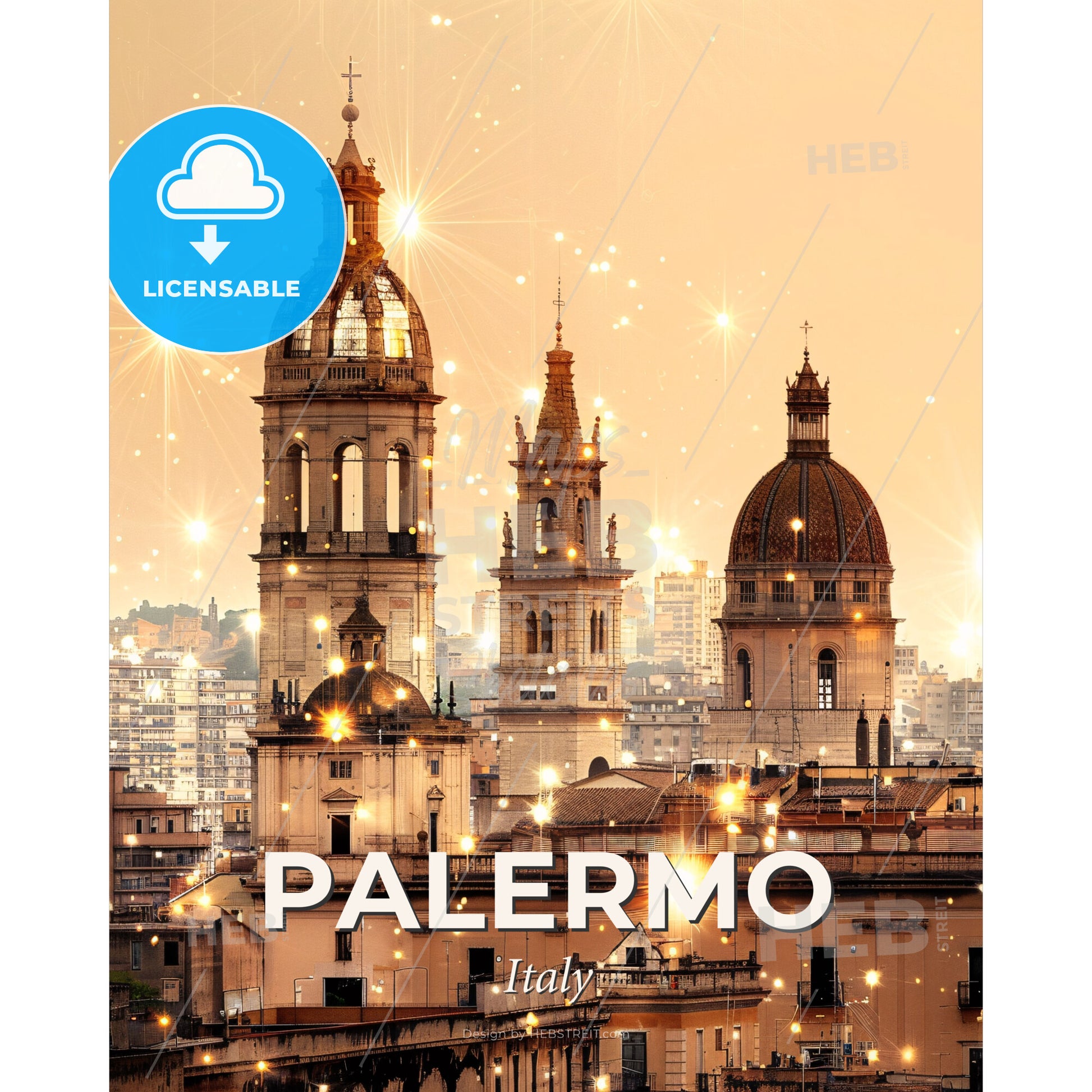 Palermo City Skyline Double Exposure Art Print - A large building with towers and lights - Square format print template