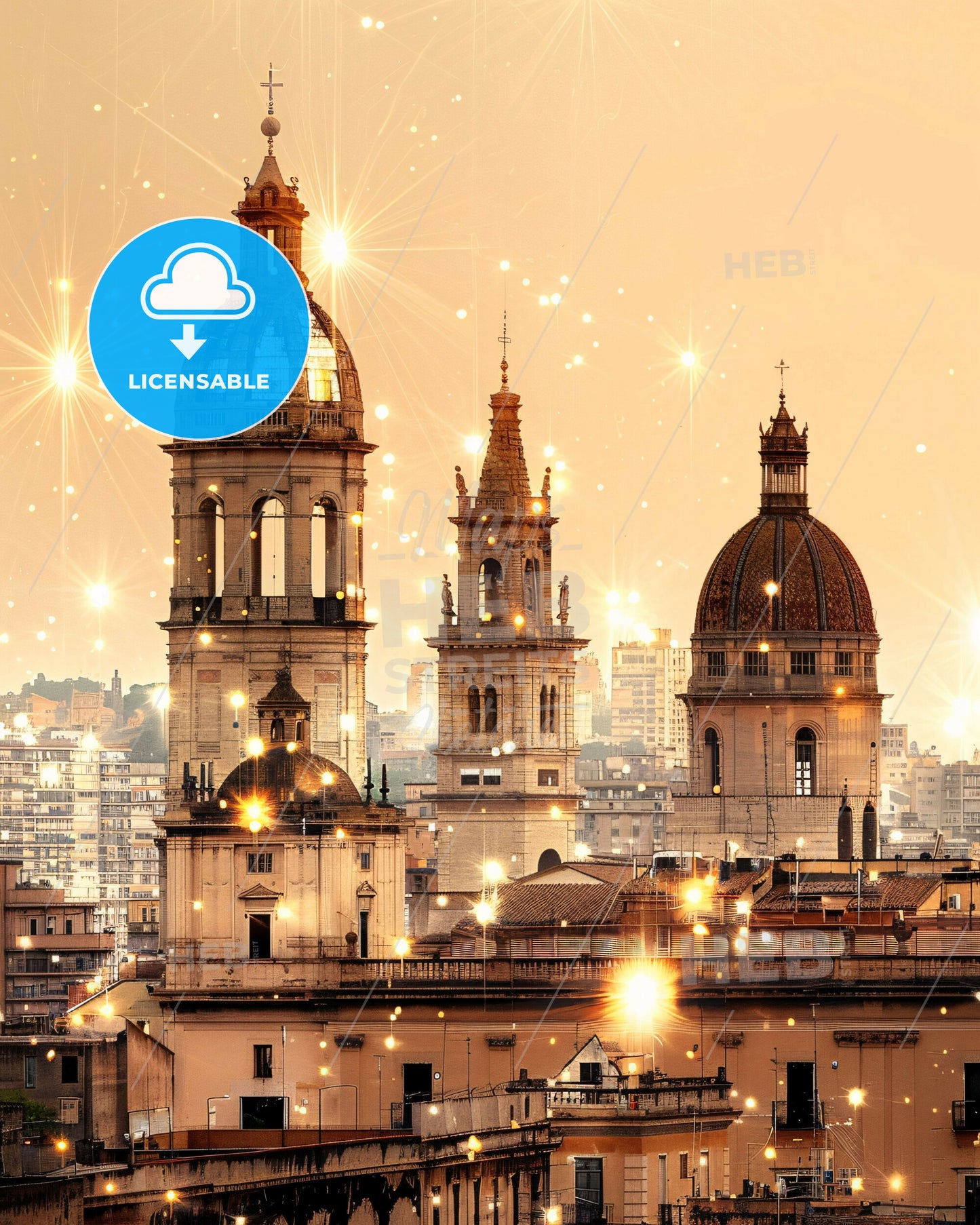 Palermo City Skyline Double Exposure Art Print - A large building with towers and lights