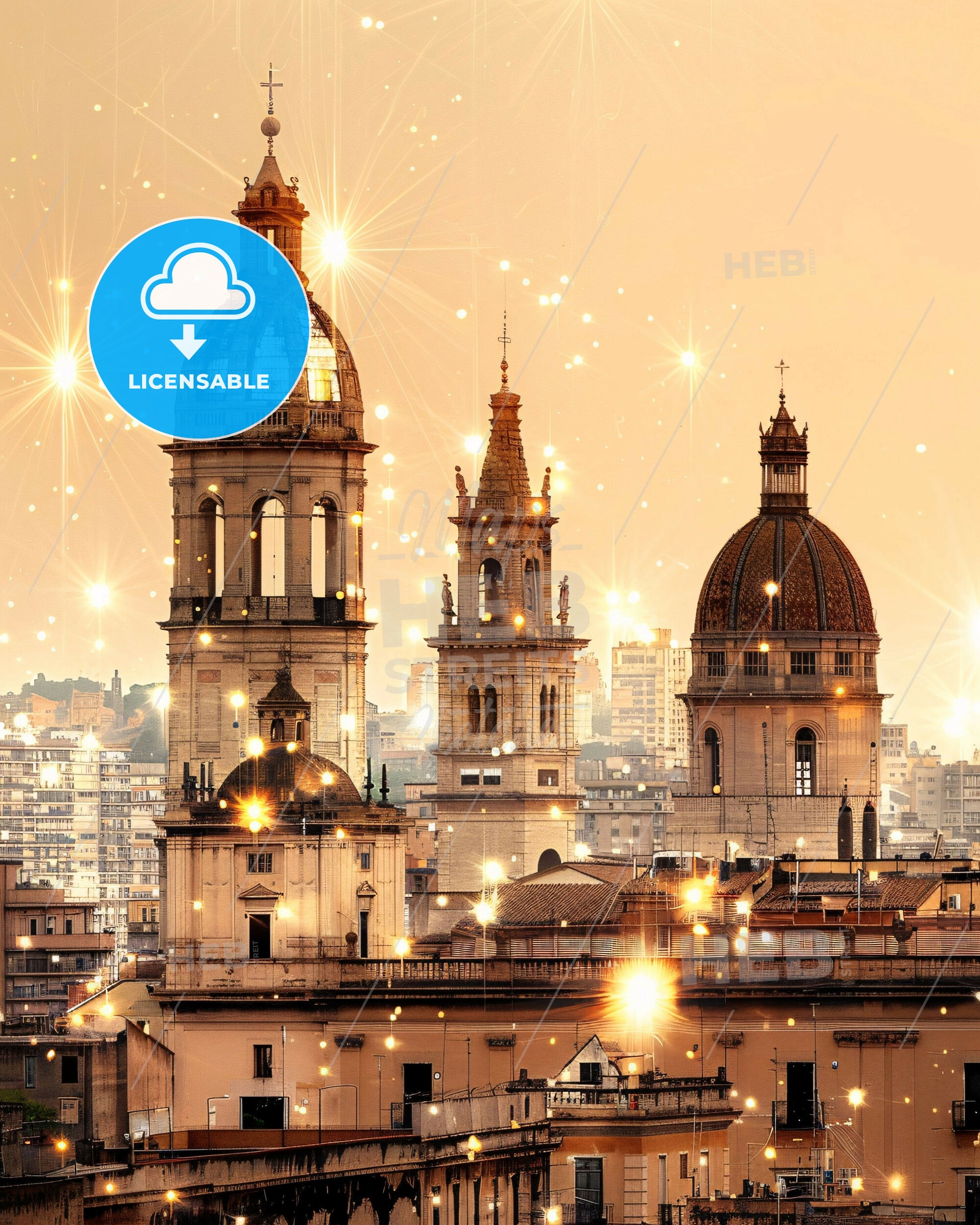 Palermo City Skyline Double Exposure Art Print - A large building with towers and lights