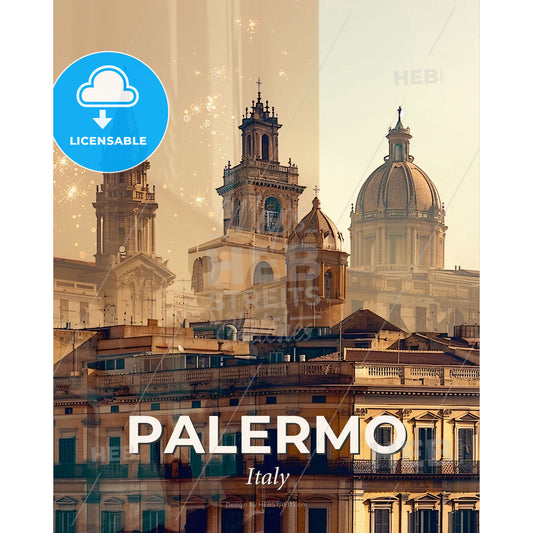 Palermo: Double Exposure City Skyline Art - A group of buildings with towers - Square format print template