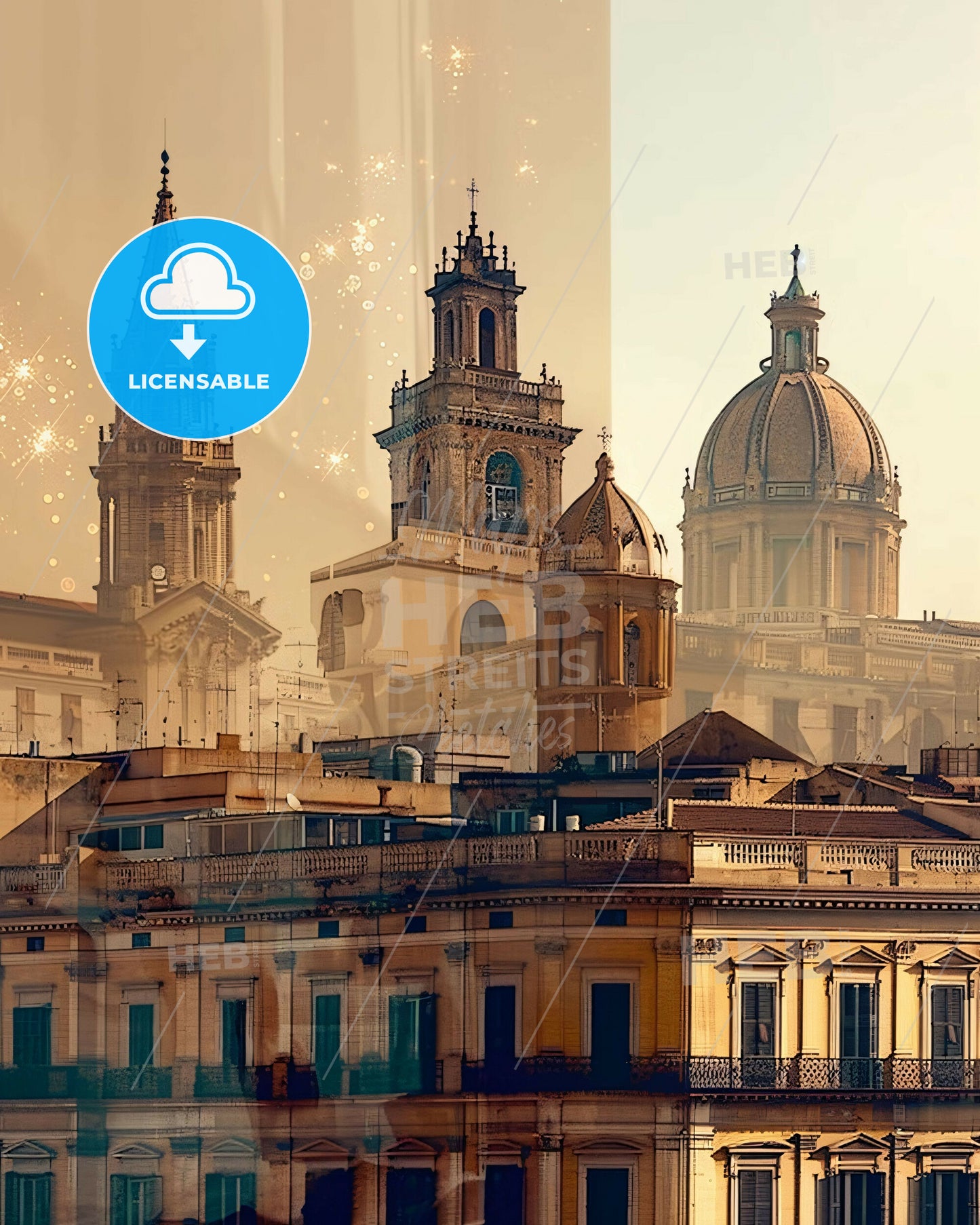 Palermo: Double Exposure City Skyline Art - A group of buildings with towers