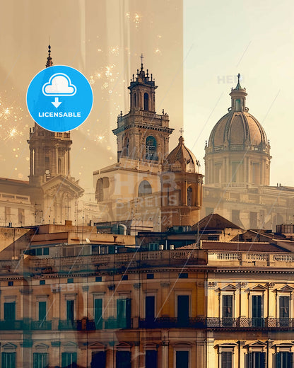 Palermo: Double Exposure City Skyline Art - A group of buildings with towers