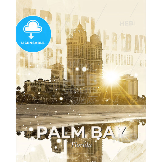 Palm Bay Cityscape Art Deco Print - A building next to a body of water - Square format print template