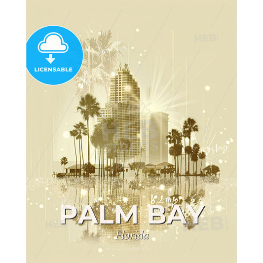 Palm Bay: Art Deco Cityscape Symphony - A city with palm trees and buildings - Square format print template