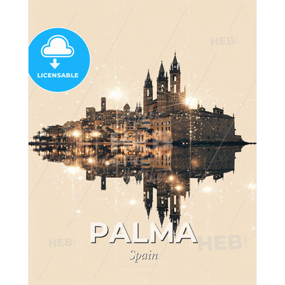 Palma City Art: Double Exposure Skyline - A city with towers and towers reflected in water - Square format print template