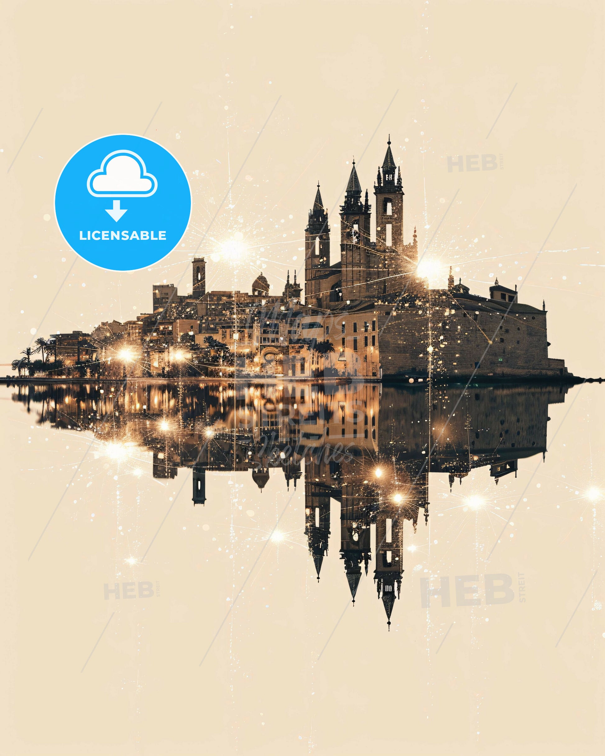 Palma City Art: Double Exposure Skyline - A city with towers and towers reflected in water
