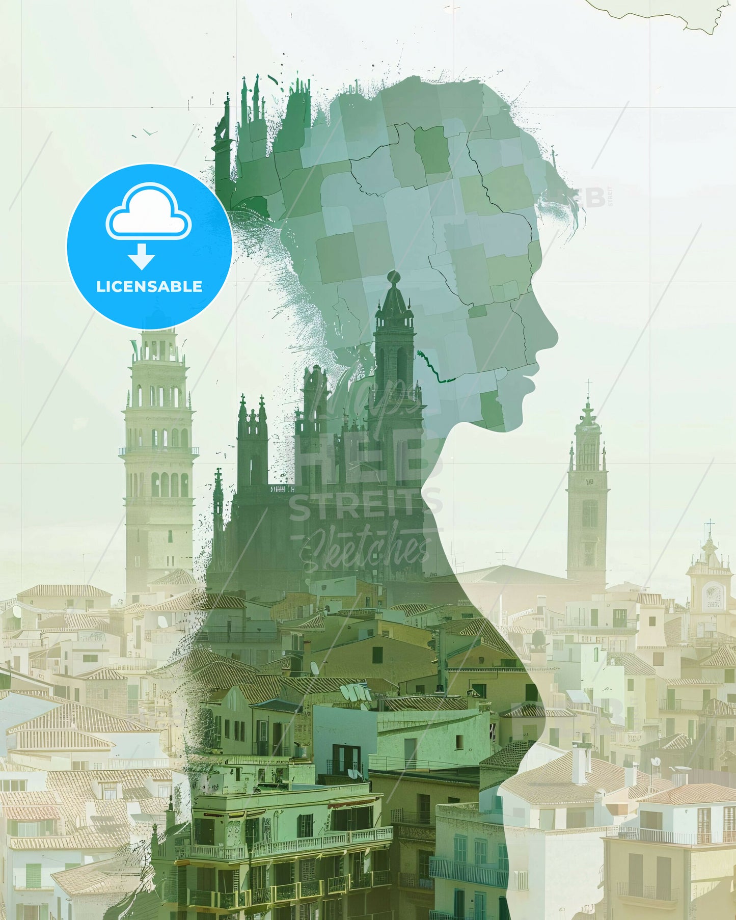Palma Double Exposure Skyline Poster Art - A woman's profile with a city behind her