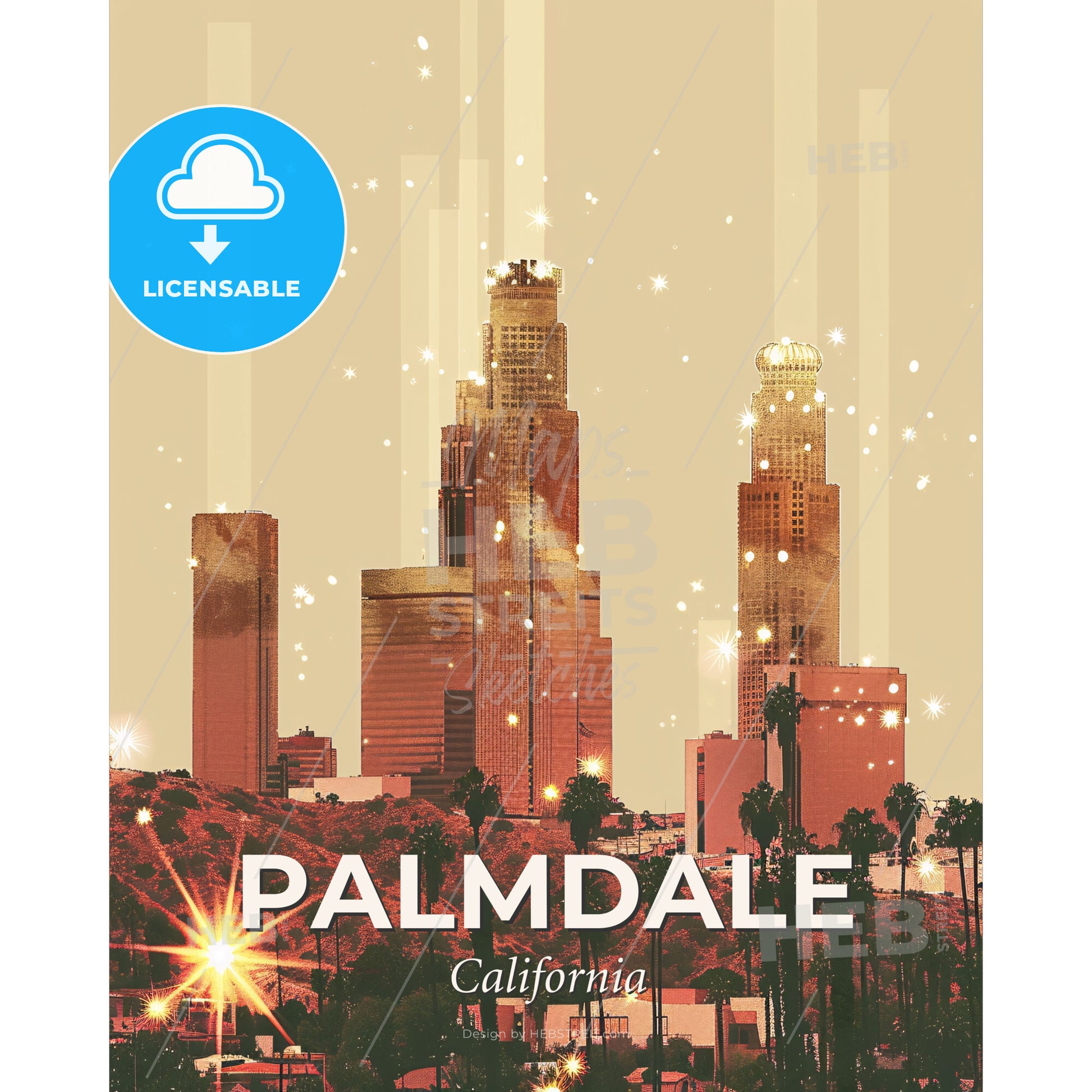 Palmdale Skyline Icons Double Exposure Art Print - A city skyline with trees and stars - Square format print template