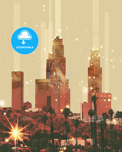 Palmdale Skyline Icons Double Exposure Art Print - A city skyline with trees and stars