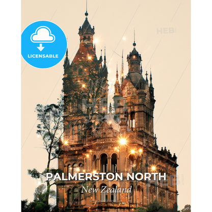 Palmerston North City Skyline Landmarks Bright Beige Poster - A building with many windows and a tree - Square format print template