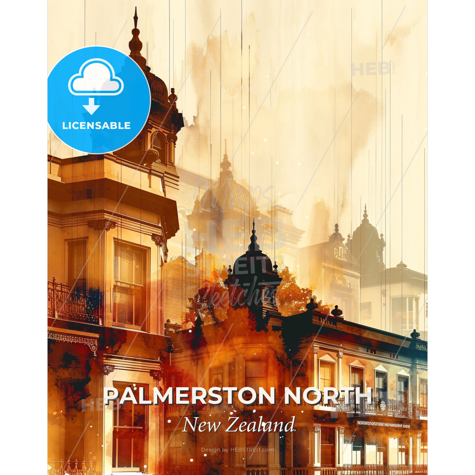Palmerston North Skyline Composite Artwork Poster - A building with a fire in the background - Square format print template