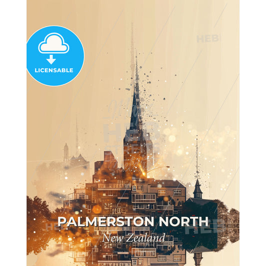 Palmerston North City Lights Poster Art - A building with a steeple and trees - Square format print template