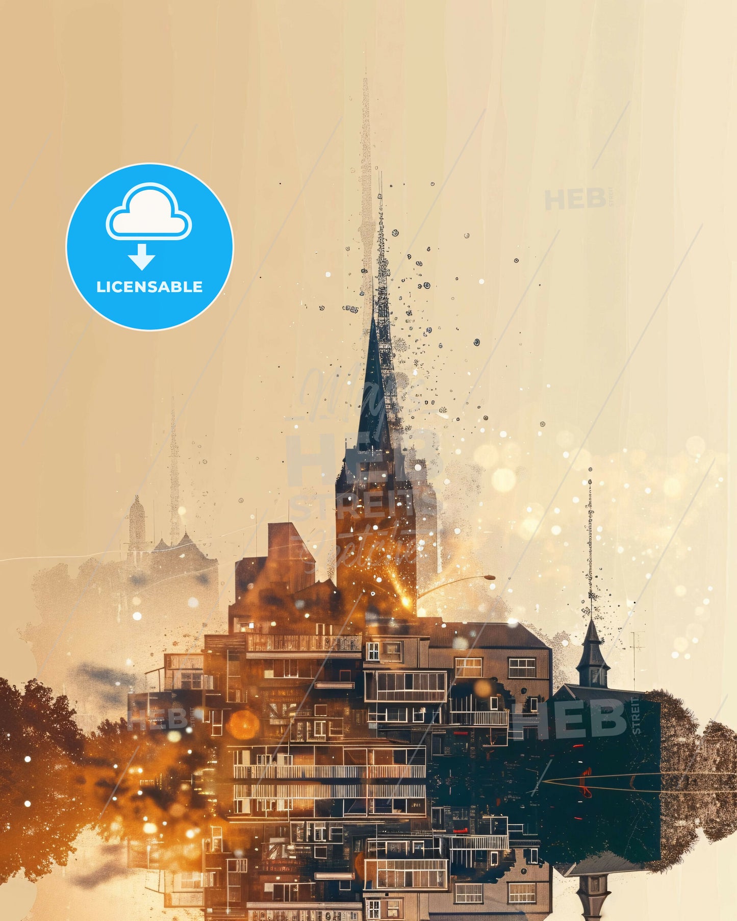 Palmerston North City Lights Poster Art - A building with a steeple and trees