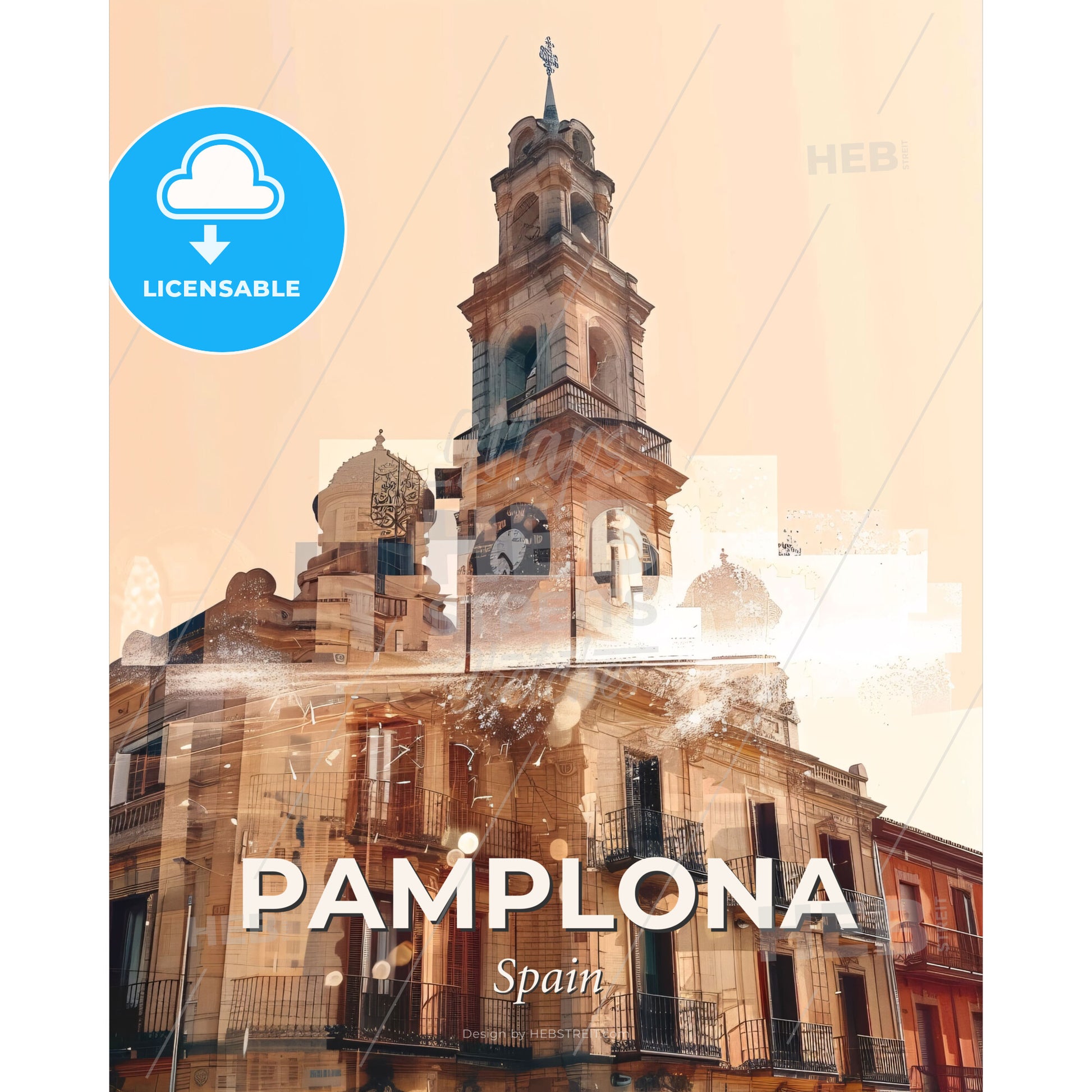 Pamplona City Skyline Architecture Icons Poster Art - A building with a clock tower - Square format print template