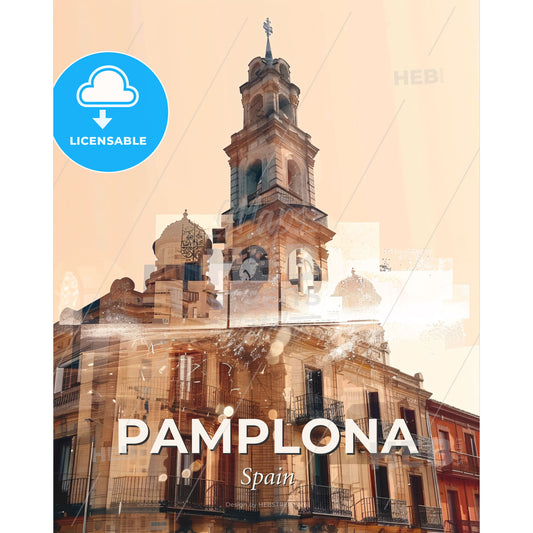 Pamplona City Skyline Architecture Icons Poster Art - A building with a clock tower - Square format print template