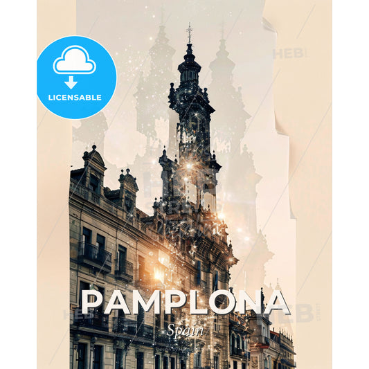 Pamplona Double Exposure Skyline Poster - A building with a tower - Square format print template