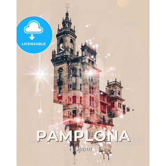 Pamplona City Skyline Contemporary Double Exposure Art - A building with a clock tower - Square format print template