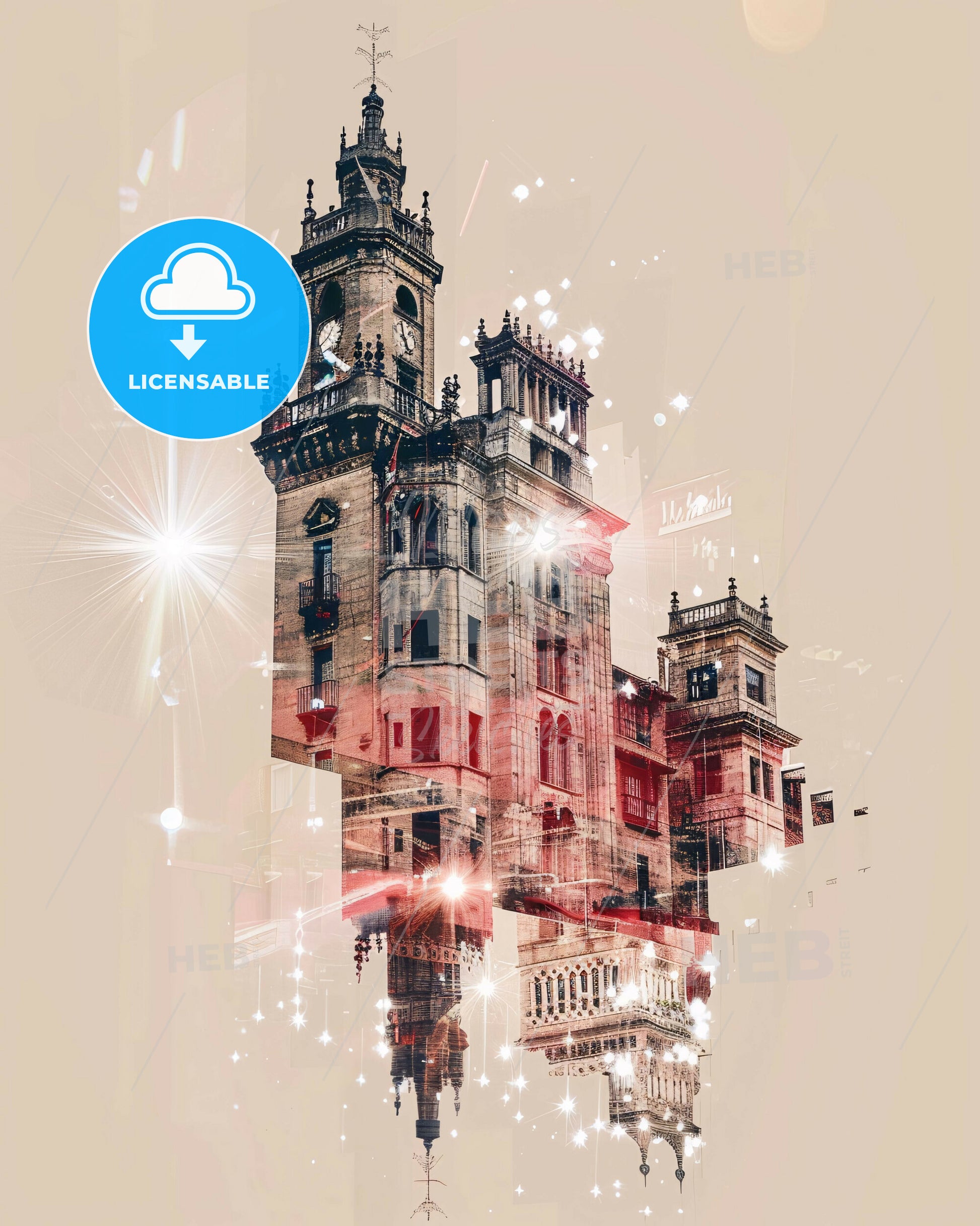 Pamplona City Skyline Contemporary Double Exposure Art - A building with a clock tower