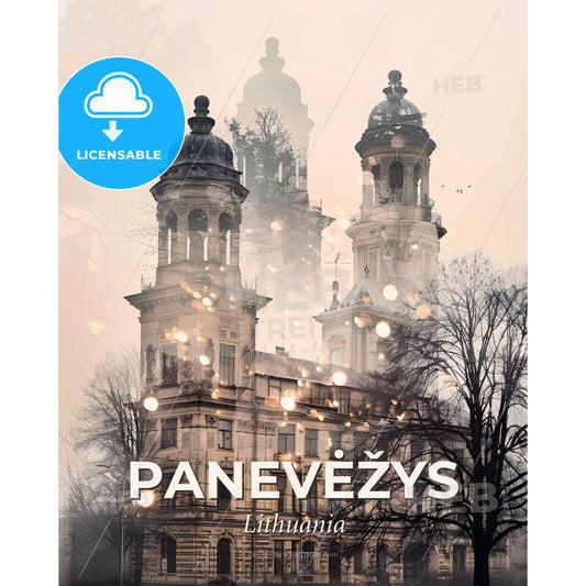 Panevėžys: Subtle City Sparkle Poster - A building with towers and trees - Square format print template