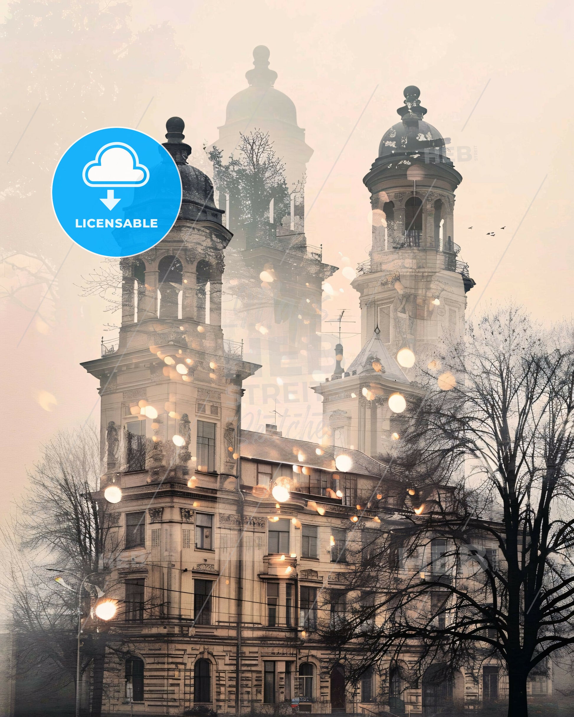 Panevėžys: Subtle City Sparkle Poster - A building with towers and trees