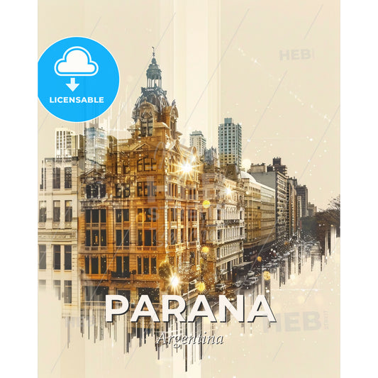 Parana Skyline Double Exposure Art Poster - A city street with buildings and lights - Square format print template