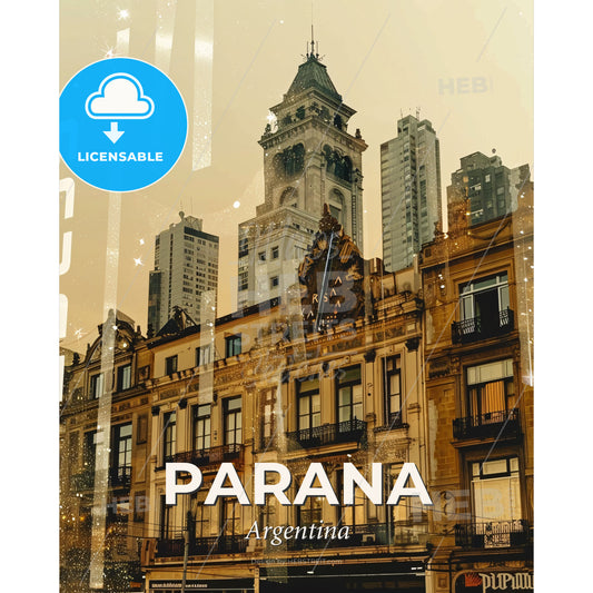 Parana Cityscape Art: Skyline and Icons in Warm Hues - A building with a clock and a tower - Square format print template