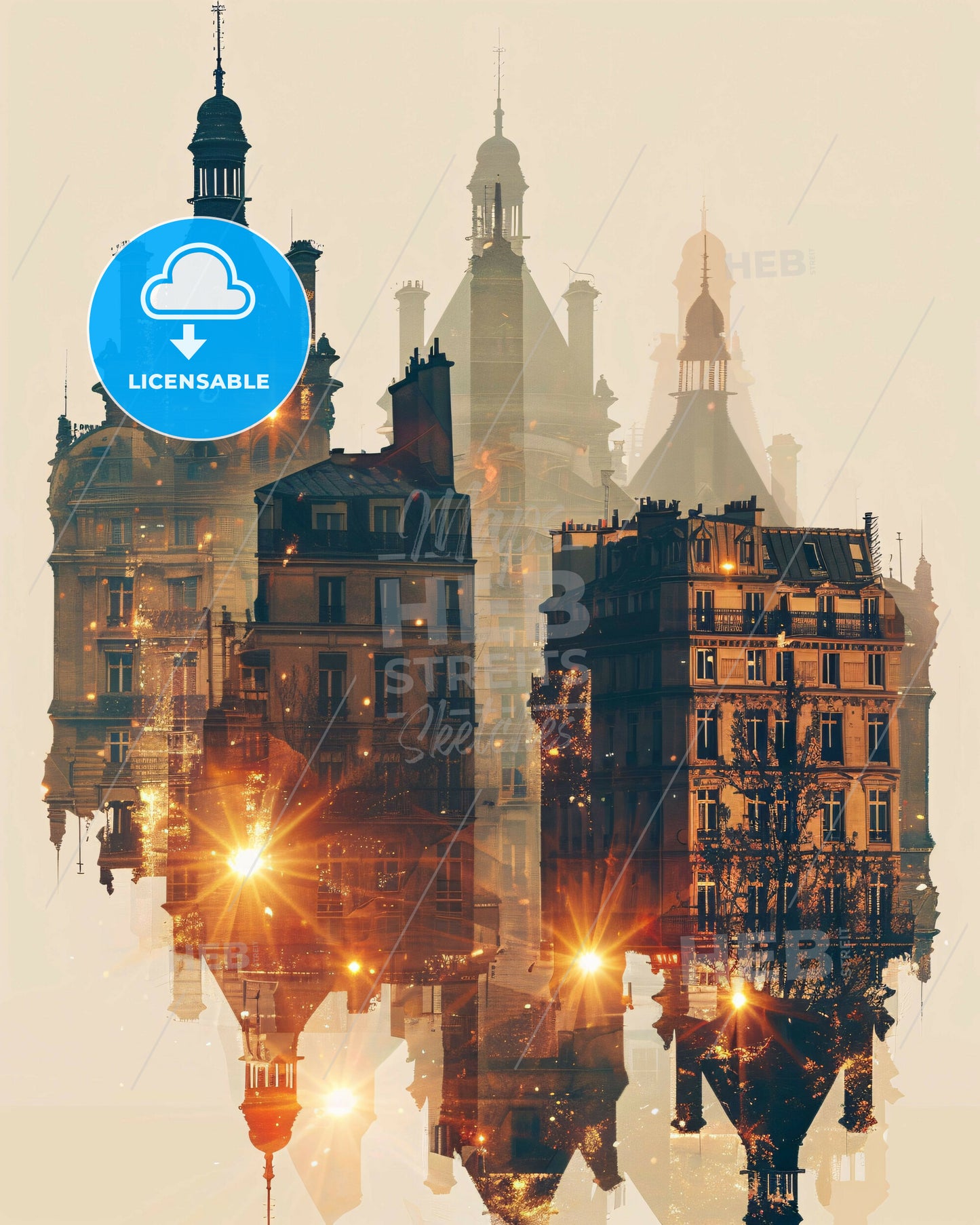 Paris Skyline: Double Exposure of City Icons in Beige - A city skyline with many buildings