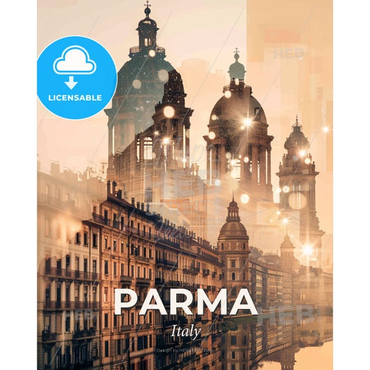 Parma Skyline Double Exposure Masterpiece - A city with many buildings and a river - Square format print template