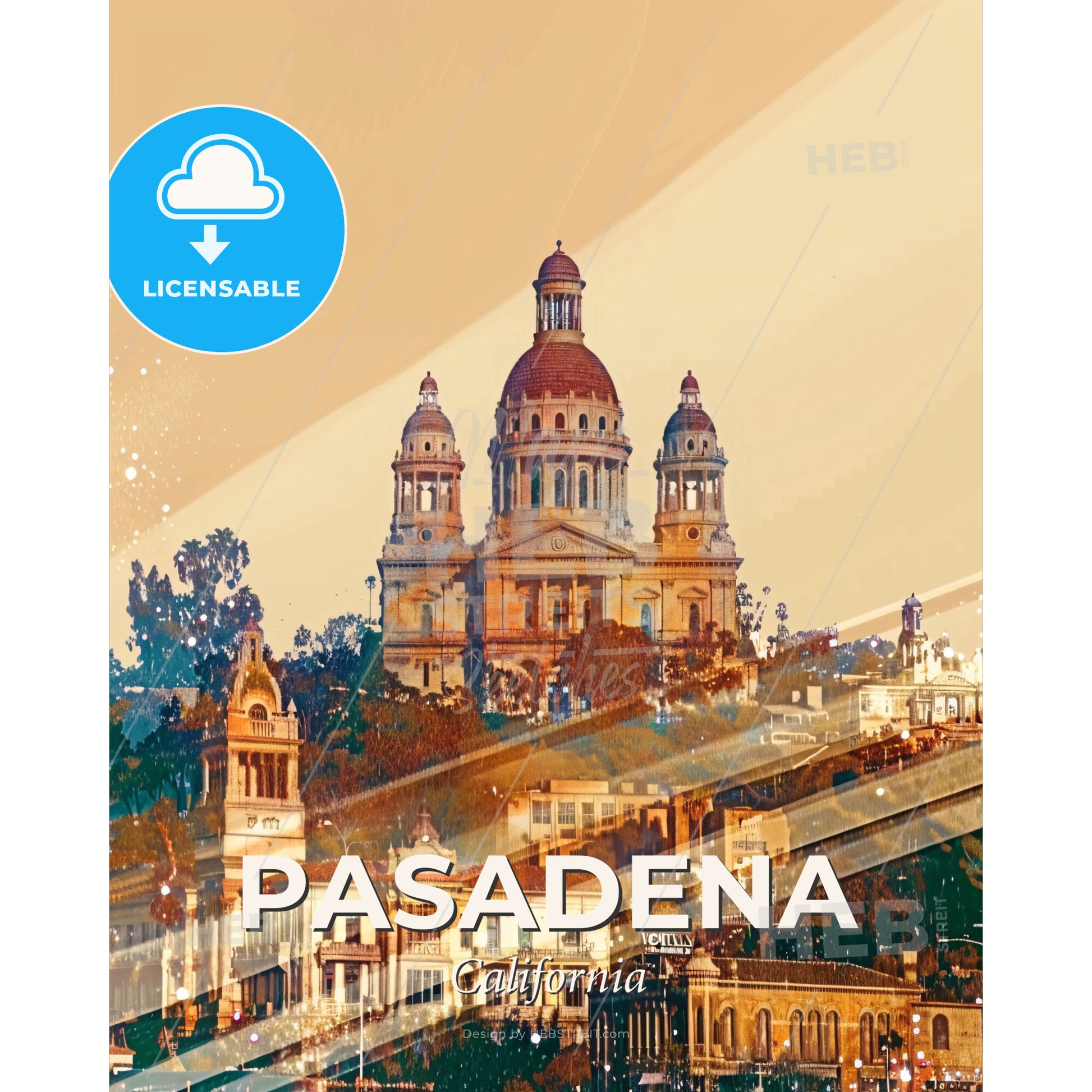 Pasadena Skyline ICONS Double Exposure Poster - A building with a dome and a dome on top - Square format print template