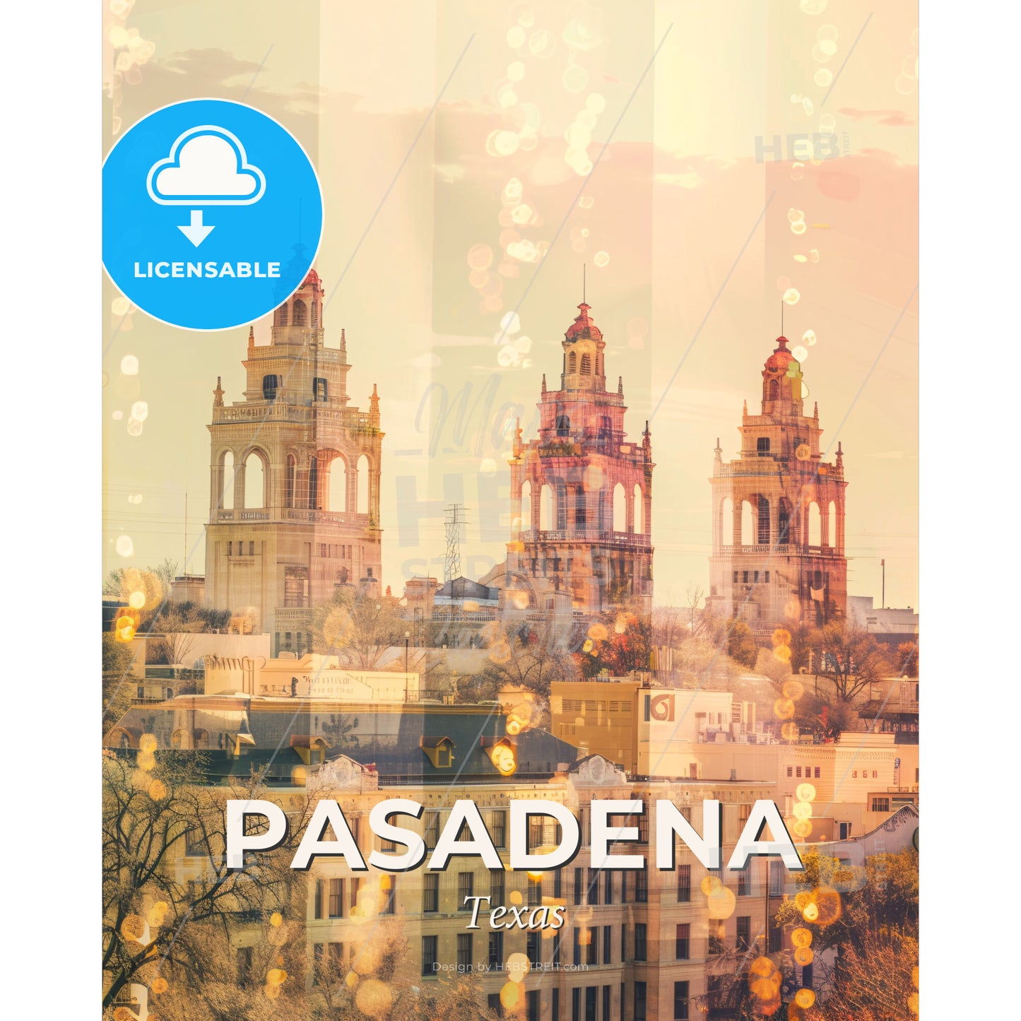 Pasadena Texas Cityscape Artwork Poster - A group of buildings with towers - Square format print template
