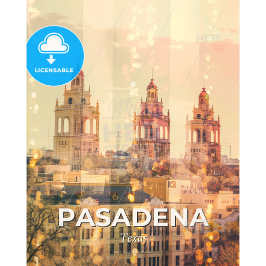 Pasadena Texas Cityscape Artwork Poster - A group of buildings with towers - Square format print template